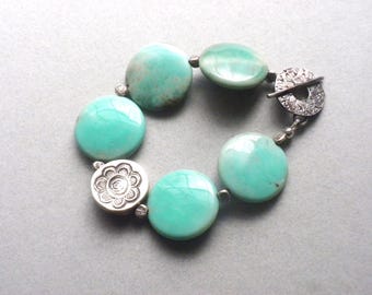 Turquoise Bracelet - Sterling Silver, Large, African Turquoise, Sterling Silver Beads, Handmade Toggle Clasp