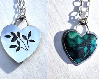 Chrysocolla Heart - Reversible Pendant, Sterling Silver, Bisbee Chrysocolla, Green, Black, Cutout on Back, Large, Handmade