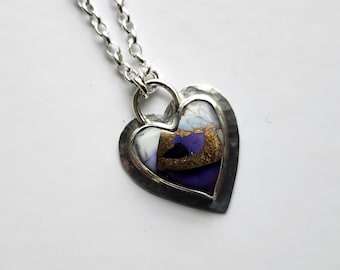 Purple Dahlia Heart Pendant - Sterling Silver, Shades of Purple and White, Bronze Infused, Handmade