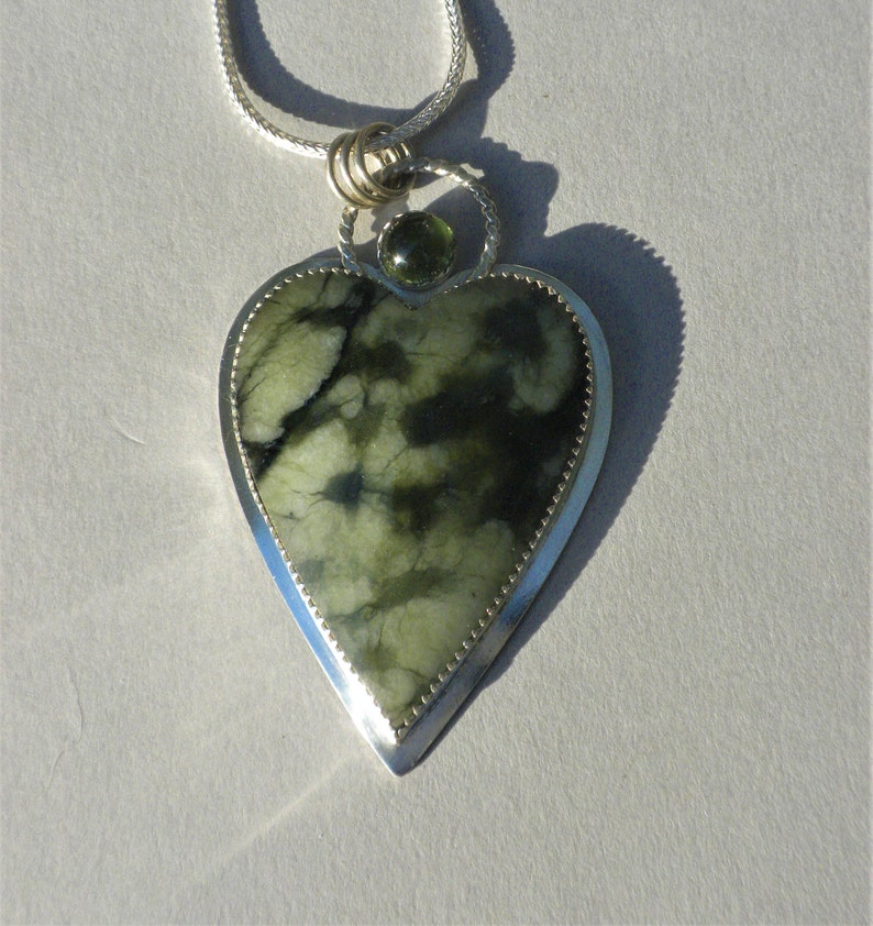 Tourmaline Valentines Gift Jade Shades of Green Pendant Sterling Silver Cutout on Back Bamboo Forest Jade and Tourmaline Heart