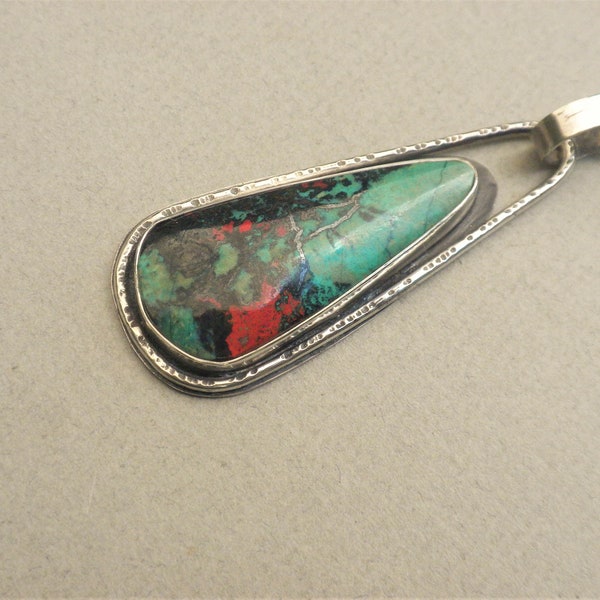 Sonoran Sunrise Chrysocolla Pendant, Sterling Silver, Freeform Triangle, Chrysocolla, Green, Red, Hammered, Antiqued, Handmade