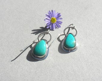Turquoise Earrings - Sterling Silver, Kingman Turquoise, Blue-Green, Teardrops, Dangling, Handmade
