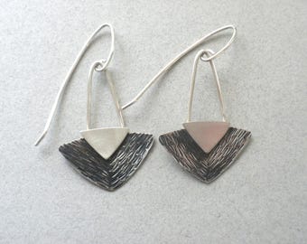Contemporary Silver Earrings - Sterling Silver, Triangular, Textured, Partially Oxidized, Handmade