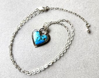 Blue Dahlia Turquoise Heart Pendant - Sterling Silver, Shades of light Blue and White, Copper Infused, Handmade