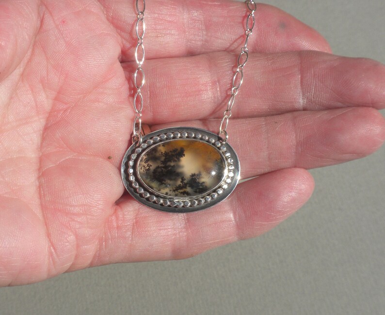 Agate Brown Scenic Translucent Beautiful Dendritic Moss Agate Pendant Black Partially Oxidized Sterling Silver Oval
