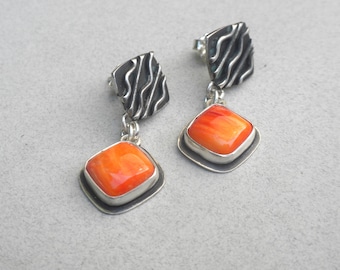 Spiny Oyster Stud Earrings - Sterling Silver, Spiny Oyster, Red, Squares, Textured, Rustic, Dangling, Handmade