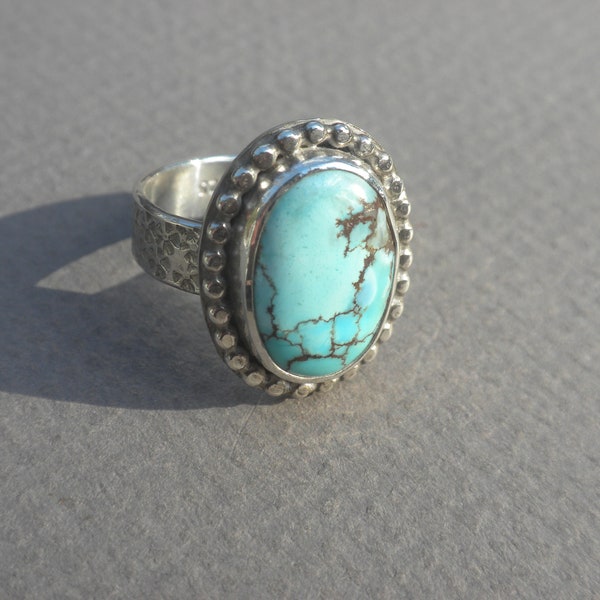 Kazakhstan Golden Hill Turquoise Ring - Sterling Silver, Turquoise, Light Blue, Dark Brown Matrix, Oval, Textured Band, Handmade