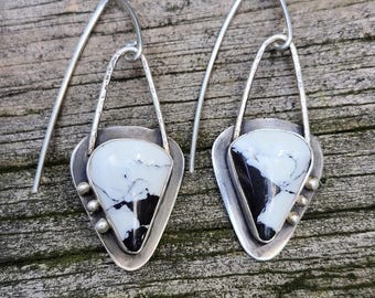 White Buffalo Earrings - Handmade, Sterling Silver, White Buffalo Turquoise, Black, White, Teardrops, Partially Oxidized
