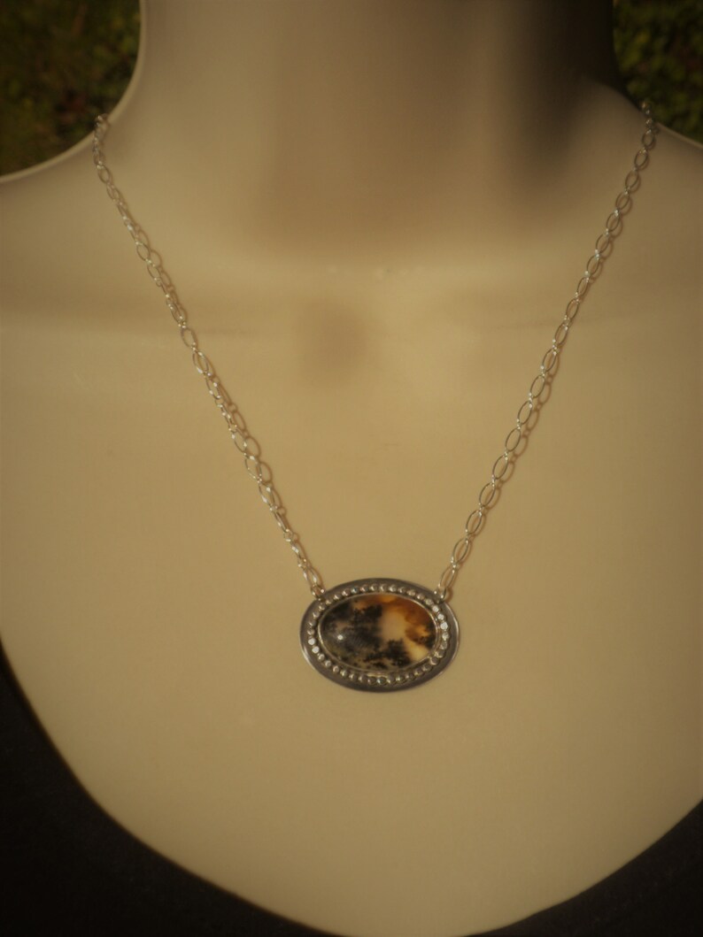 Agate Brown Scenic Translucent Beautiful Dendritic Moss Agate Pendant Black Partially Oxidized Sterling Silver Oval