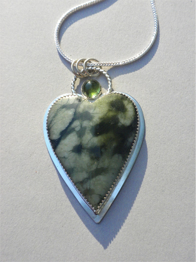 Tourmaline Valentines Gift Jade Shades of Green Pendant Sterling Silver Cutout on Back Bamboo Forest Jade and Tourmaline Heart