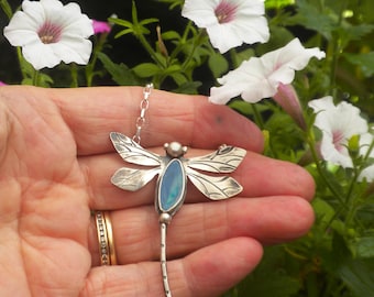 Dragonfly with Opal Pendant - Sterling Silver, Boulder Opal, Green and Yellow Flashes, Insect, Lightly Oxidized, Handmade
