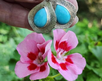 Turquoise Earrings - Handmade, Sterling Silver, Kingman Turquoise, Blue, Pear Shape, Hammered Texture