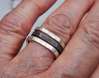 Slim Square Stacking Ring Set - Sterling Silver, Hammered, Ring Set, Sterling, Partially Oxidized