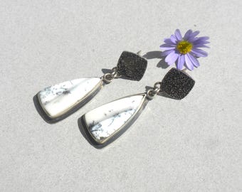 Dendritic Agate Earrings - Sterling Silver, Agate, Cabochons, White, Black, Triangular, Textured, Dangling Studs, Handmade