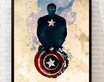 Digital Download Watercolor Captain America Minimalist Movie Poster, Captain America Art Print, Avengers Art Print