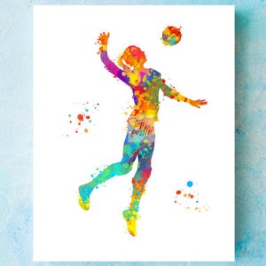 Colorful Digital Download Watercolor Volleyball Player Girl Art Print, Watercolor Volleyball Poster