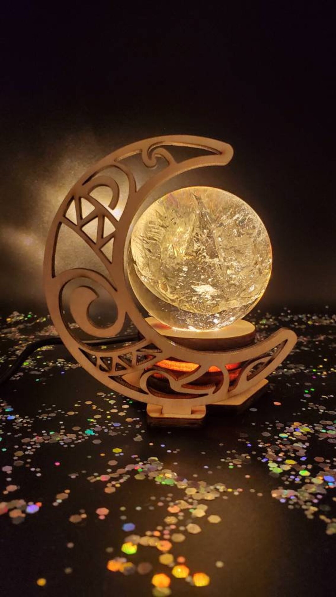 Crescent Moon Sphere Stand Light / Crystal Lamp / Crystal Light / Crystal Ball / Globe / Metaphysical / Moon Phase / New Age /Free Ship /Led