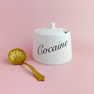 Hand Decorated Cocaine Drug Storage Pot, White Sugar Bowl with Lid - Spoon NOT INCLUDED