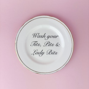 Könnte beinhalten: Ein weißer Keramikteller mit goldenem Rand und dem Text "Wash your Tits, Pits & Lady Bits" in schwarzer Schrift. Der Teller ist auf einem rosa Hintergrund zentriert.