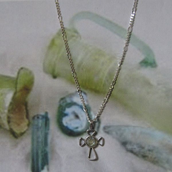 Sterling silver cross necklace made in Israel with Roman glass center