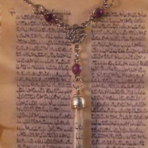 Necklace with 19th century Hebrew Bible text & vintage glass drops