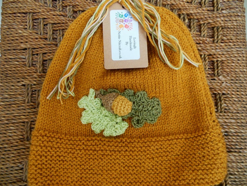 Nature Lovers Gift Women/'s Knitted Winter Hat Hand Knit Slouchy Beanie Mustard with Unique Oak Leaf /& Acorn Design