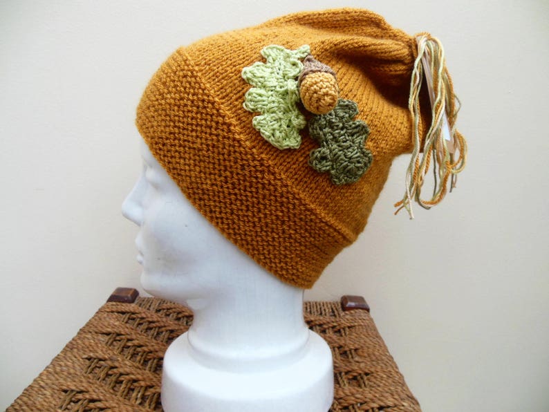 Nature Lovers Gift Women/'s Knitted Winter Hat Hand Knit Slouchy Beanie Mustard with Unique Oak Leaf /& Acorn Design