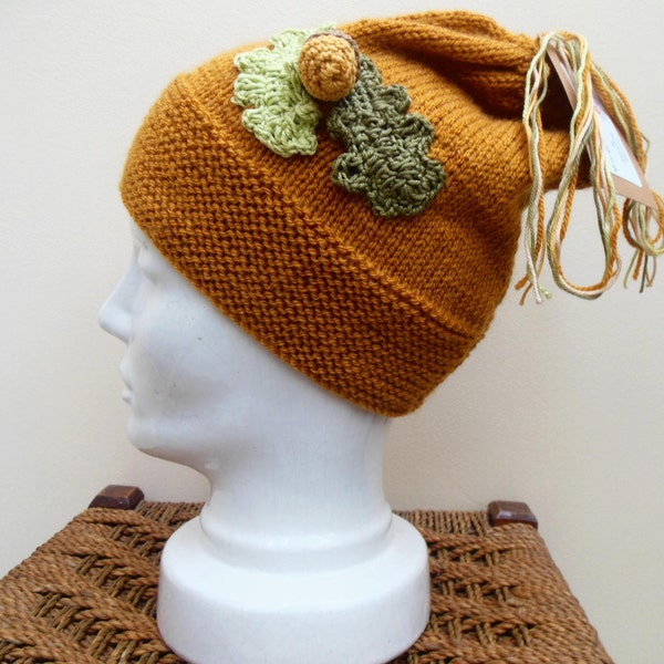 Acorn Hat, Hand knitted Hat, Womens Beanie With Acorn & Oak Leaf Design, One Size Fits All