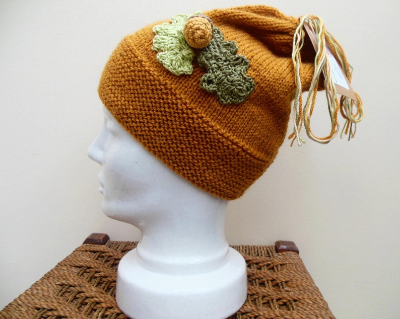 Nature Lovers Gift Women/'s Knitted Winter Hat Hand Knit Slouchy Beanie Mustard with Unique Oak Leaf /& Acorn Design