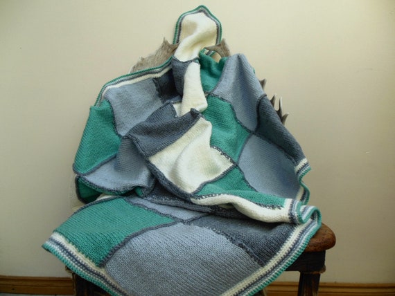 Hand Knit Patchwork Quilt In Cream Grey And Sage Wool Etsy