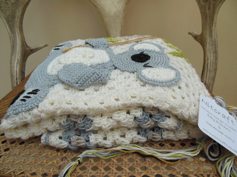 Baby blanket with crochet koala bear and eucalyptus design Etsy