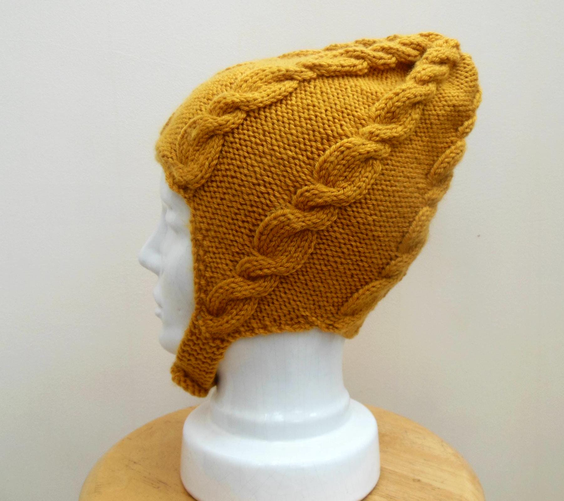 Wool Bonnet: Mustard Cable Knit Hat With Chin Strap - Etsy display picture 2