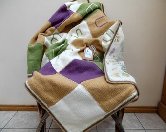 Hand Knit Throw Blanket, Green, Purple, Cream & Beige Unique Patchwork Wool Afghan, 44 x 30.5 inches