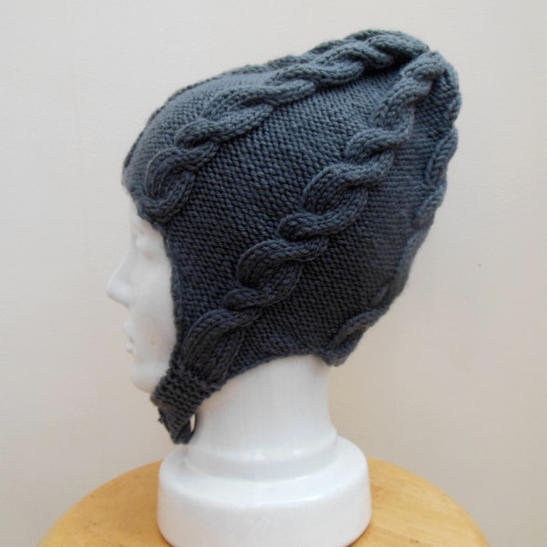 Hand Knitted Bonnet For Women In Grey Chunky Merino Wool, Fashionable Pointy Pixie Style Hat With Chin Strap, Warm & Cosy Gifts for Adults.