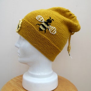 Hand Knit Hat with Bee & Sunflower, Wool Slouchy Beanie For Women, One Size Fits All