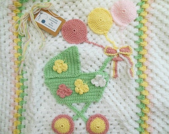 Handmade Baby Blanket, Crochet Baby Blanket, Appliqued Newborn Baby Girl Gift