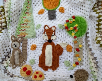 Unique Crochet Fox Baby Blanket, Handmade Nursery Bedding With Woodland Animals Appliques, 40 x 34 Inches, OOAK Custom Heirloom Gift