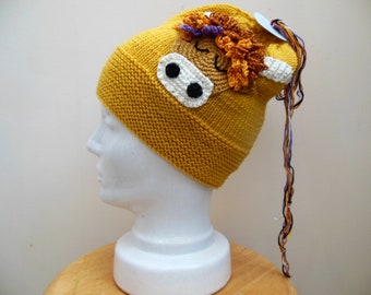 Womens Hand Knit Hat With A  Highland Cow Design, Pure Merino Wool Mustard Beanie For Adults