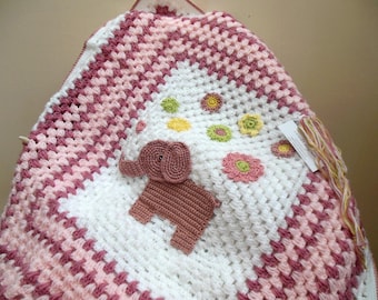 Handmade Crochet Baby Blanket Pink & White With Elephant Design Newborn Girl Baby Gifts.