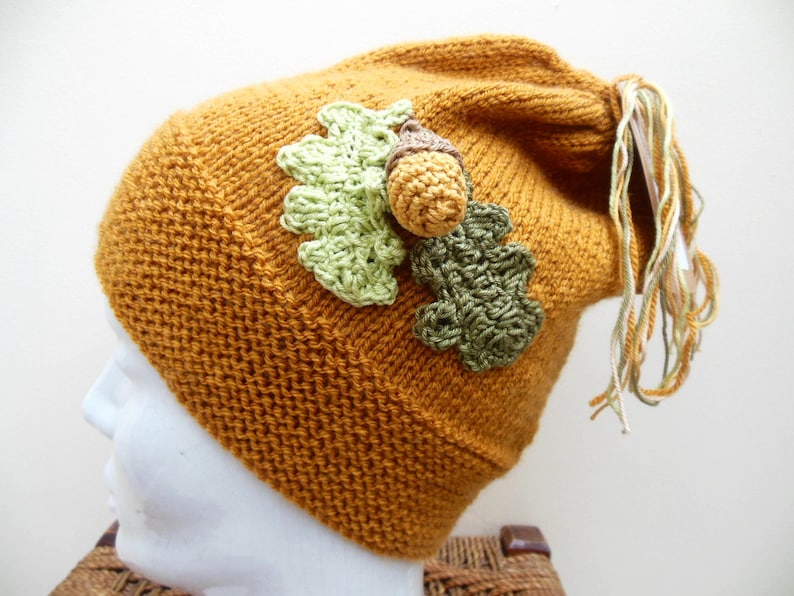 Nature Lovers Gift Women/'s Knitted Winter Hat Hand Knit Slouchy Beanie Mustard with Unique Oak Leaf /& Acorn Design