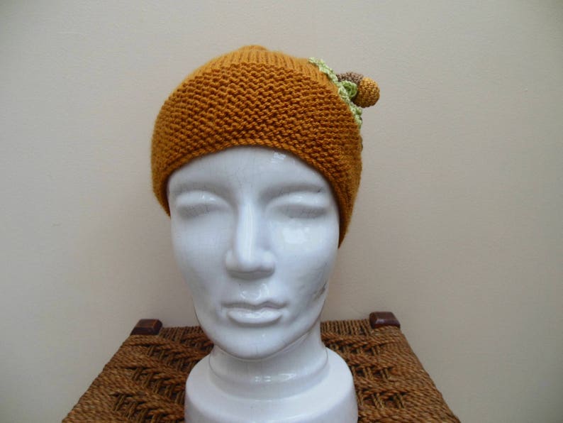 Nature Lovers Gift Women/'s Knitted Winter Hat Hand Knit Slouchy Beanie Mustard with Unique Oak Leaf /& Acorn Design