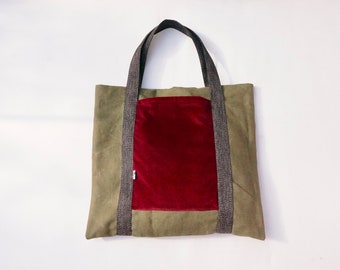Samt Canvas XL Einkaufstasche Rot & Khaki