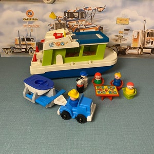 gelukkige huis boot, Fisher prijs, visser prijs auto, vintage fisher prijs boot, vintage visser prijs, visser prijs mini bus