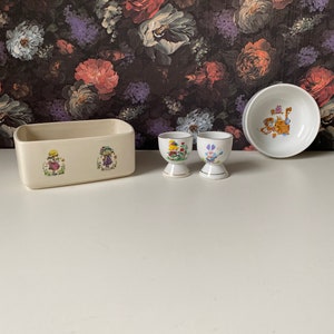 egg cup, vintage egg cup, children's dishes, petticoat dishes, miss petticoat egg cup, vintage dishes, miss petticoat butter dish,
