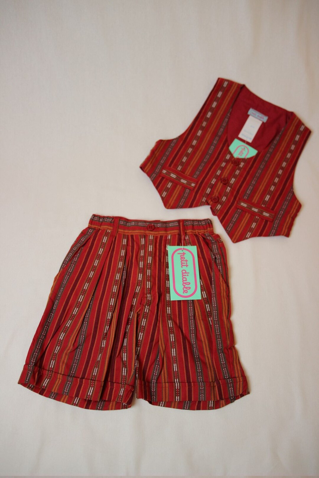 Bermuda Rayures Vintage Années 80 - Coton, Taille ~36, Blanc Et Bleu-vert, Très Bon état