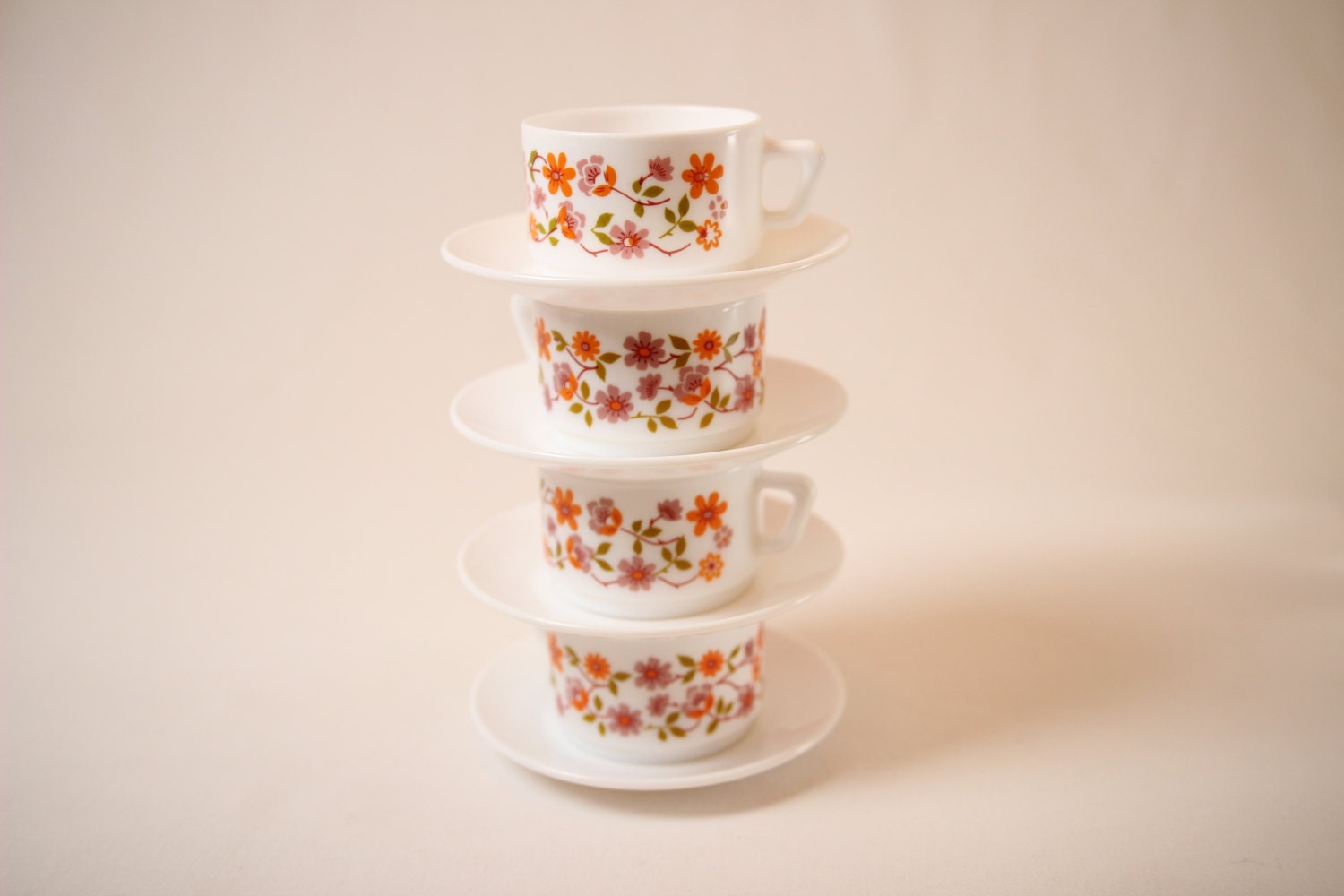 Lot de 4 Tasses et Soucoupes, Tasse Vintage, à Fleurs, Vaisselle Année 1970