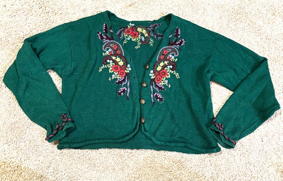 The Sophia Sweater: Floral Embroidered Green Cardi