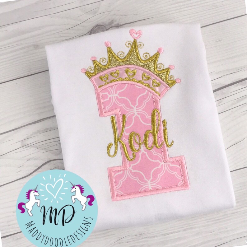 pink and gold Birthday Shirt Rainbow Birthday Shirt-Gold Unicorn Appliqu\u00e9d Embroidered Pink and gold Crown Princess Birthday Shirt