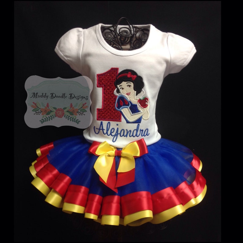 Ribbon Trimmed Snow White Birthday 1-9 Yrs Applique Outfit