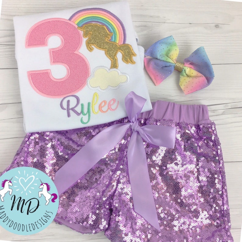 Unicorn theme Birthday Shirt and Sequins short outfit Unicorn Birthday shirt wmatching hairbow